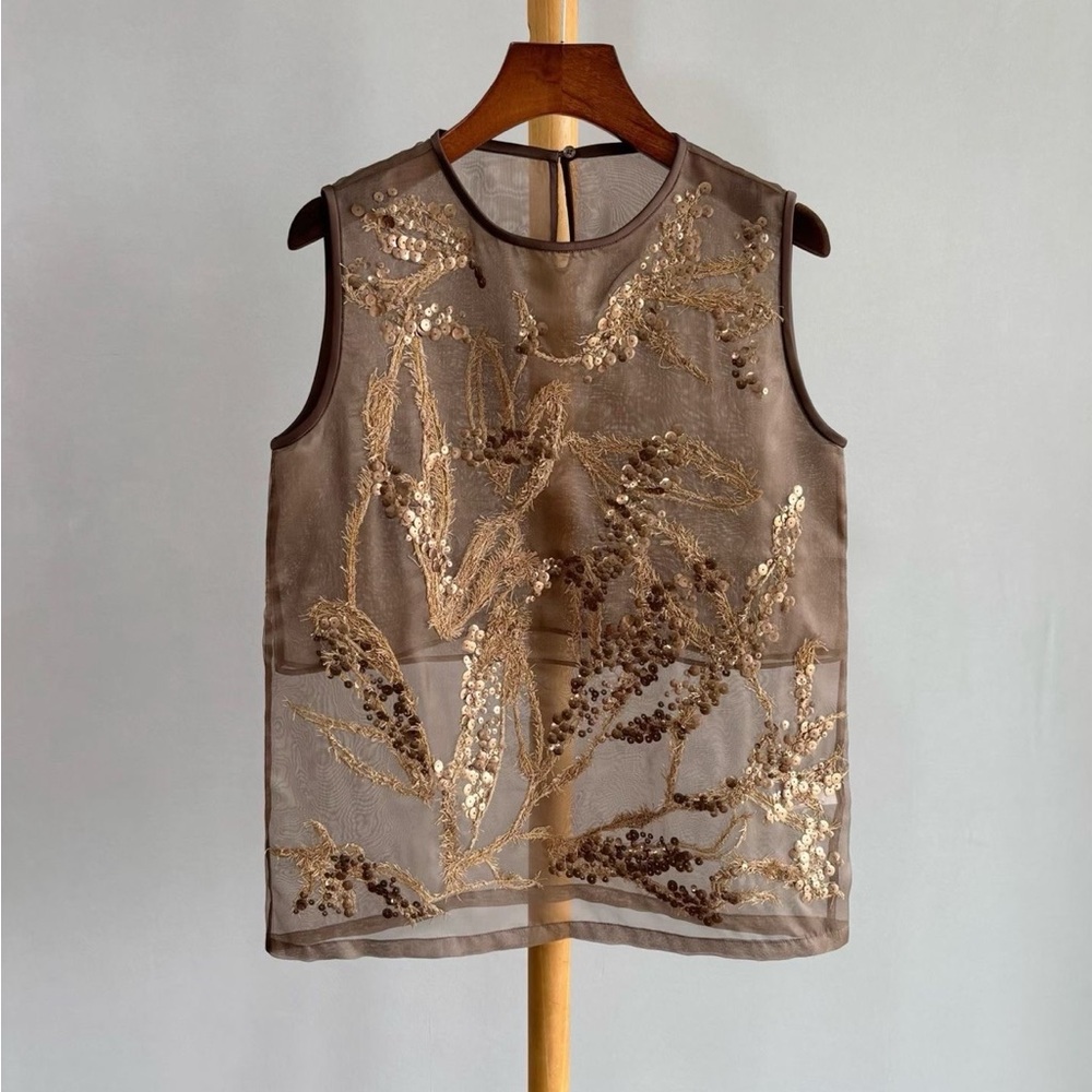 Embellished Sheer Sleeveless Top - Taupe/Gold